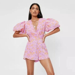 Nasty Gal Floral Puff Sleeve V-Neck Romper